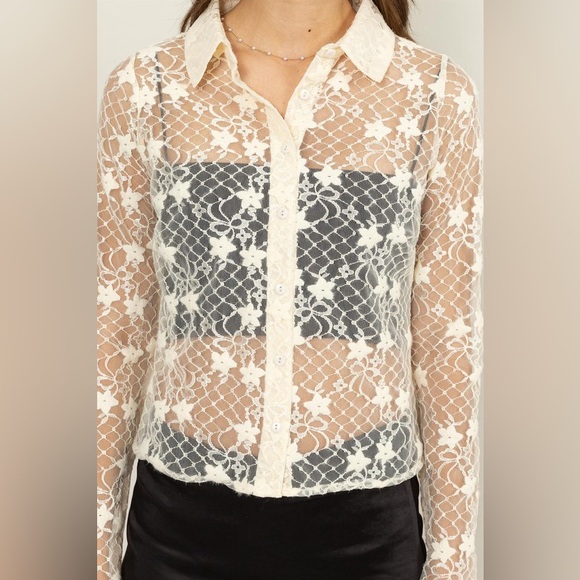 26B. Floral Lace Button Front Blouse - Cream - Picture 2 of 6